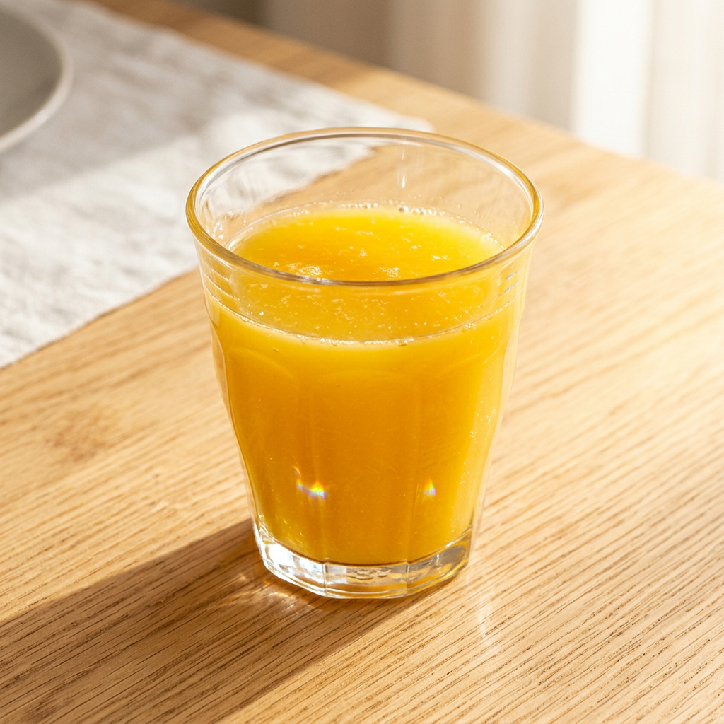 Appelsinjuice i et klart caféglas på et sollyst bord