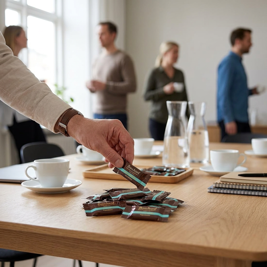 Voksen tager Bouchard kuvertchokolade under kaffepause