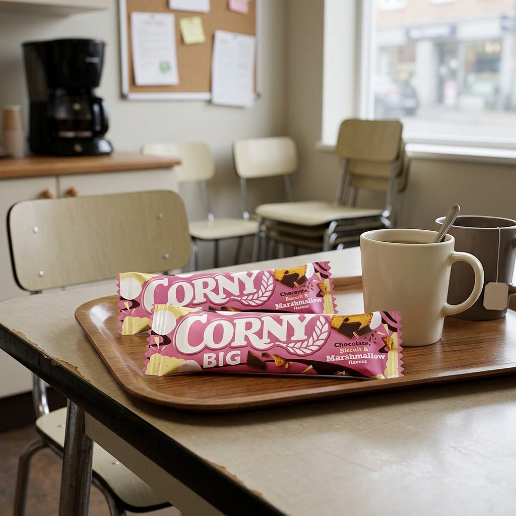To Corny Big Marshmallow og Biscuit barer i pauserum, stemningsbillede