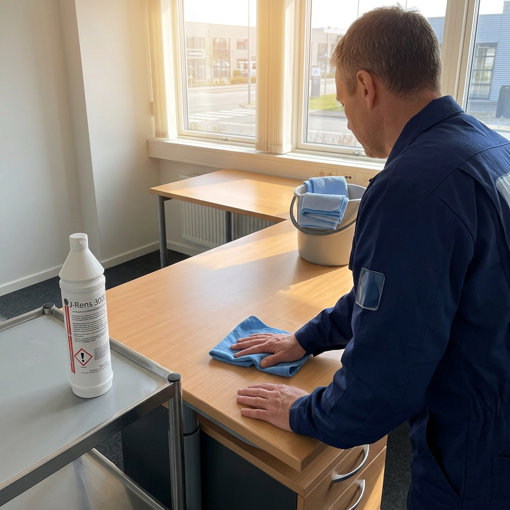 Voksen medarbejder aftørrer et kontorbord med J-Rens 3000 stående lukket på en vogn