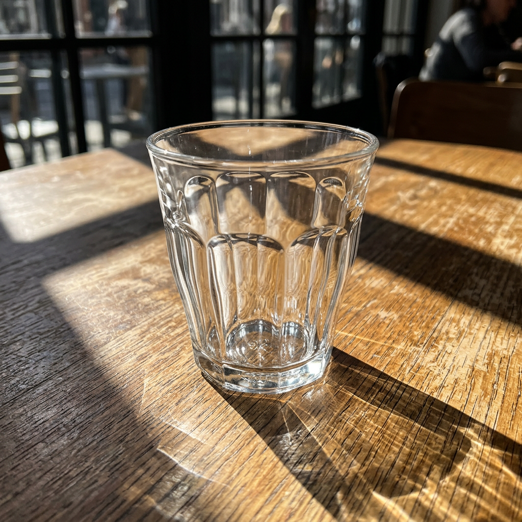 Tomt facetteret caféglas på solbeskinnet træbord