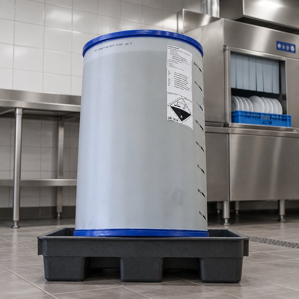 Arcandis-Eco 200 L tønde i separat opsamlingsbakke ved erhvervsopvaskemaskine