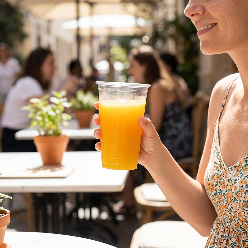 Voksen cafégæst holder et klart bæger med appelsinjuice på en solrig terrasse