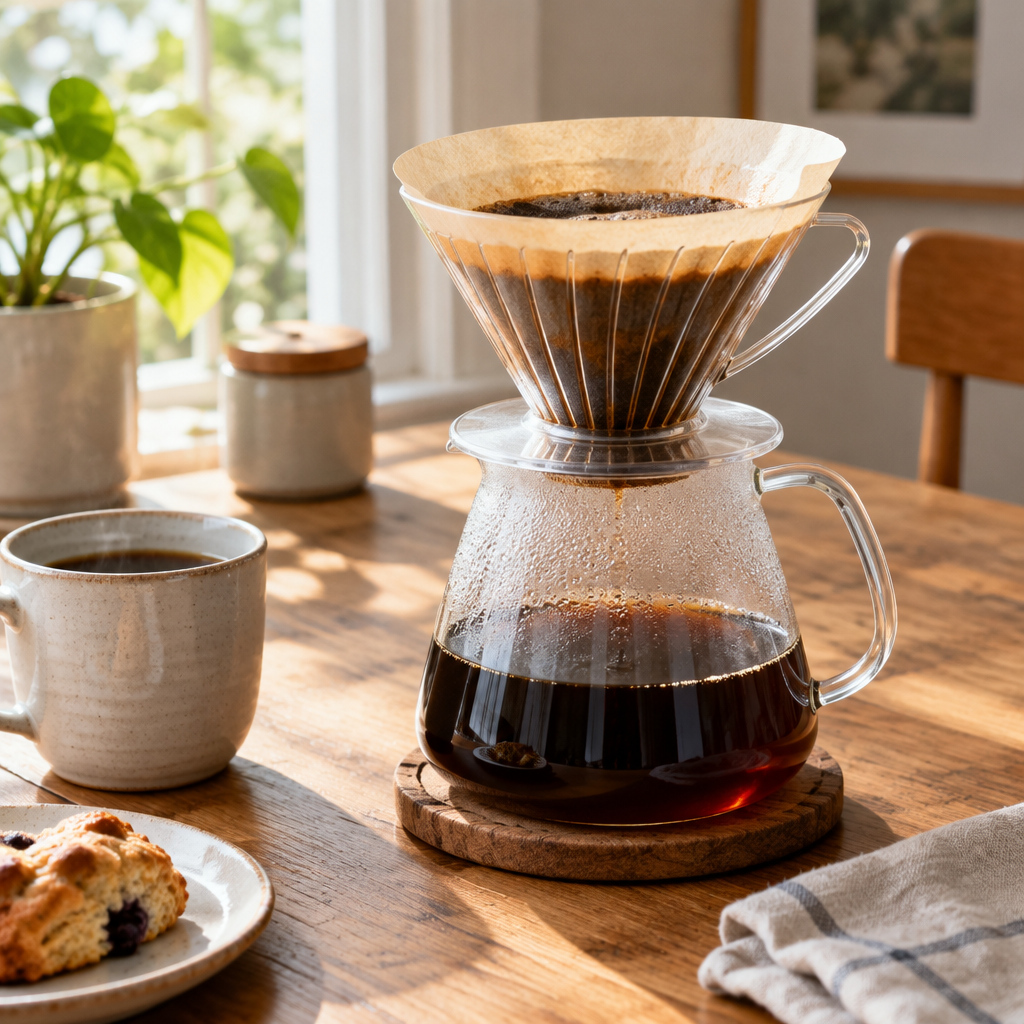 Stemningsbillede af kaffebrygning med filter og kande, ikke original reservedel