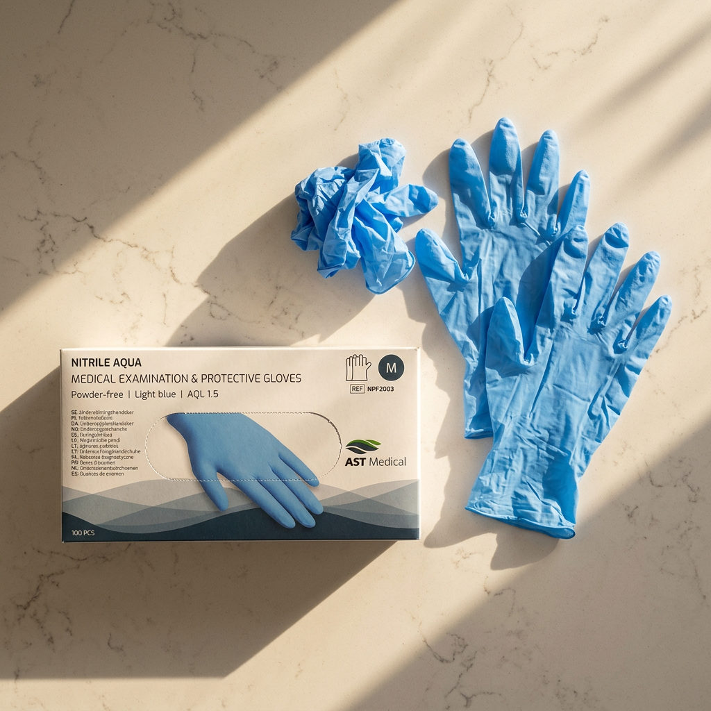 Blå nitrilhandsker og Nitrile Aqua M set ovenfra