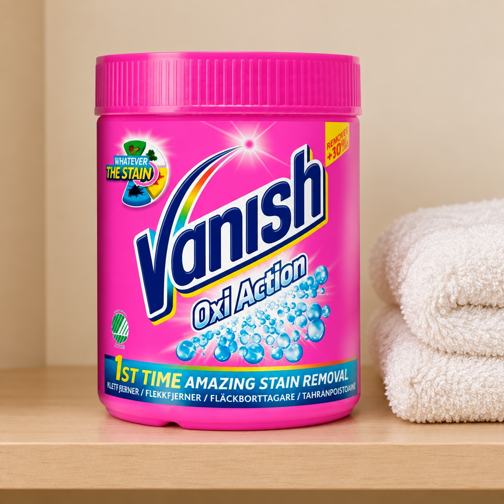 Pink Vanish-bøtte på beige hylde ved lyse håndklæder