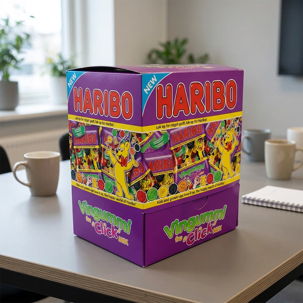 Haribo Click Mix-kasse på kontorets serveringsbord