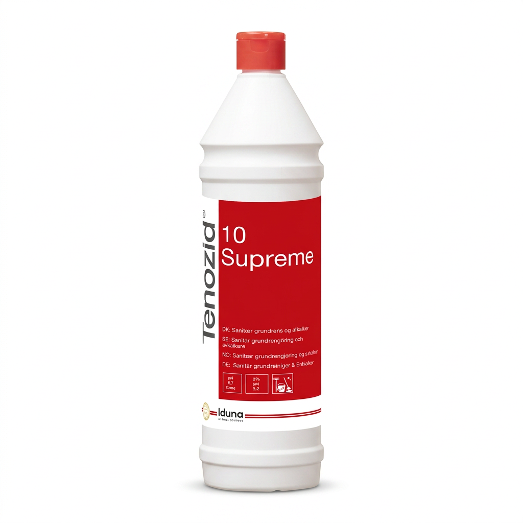 Iduna Tenozid 10 Supreme kalkfjerner 1 liter i hvid flaske med rød kapsel og rød etiket