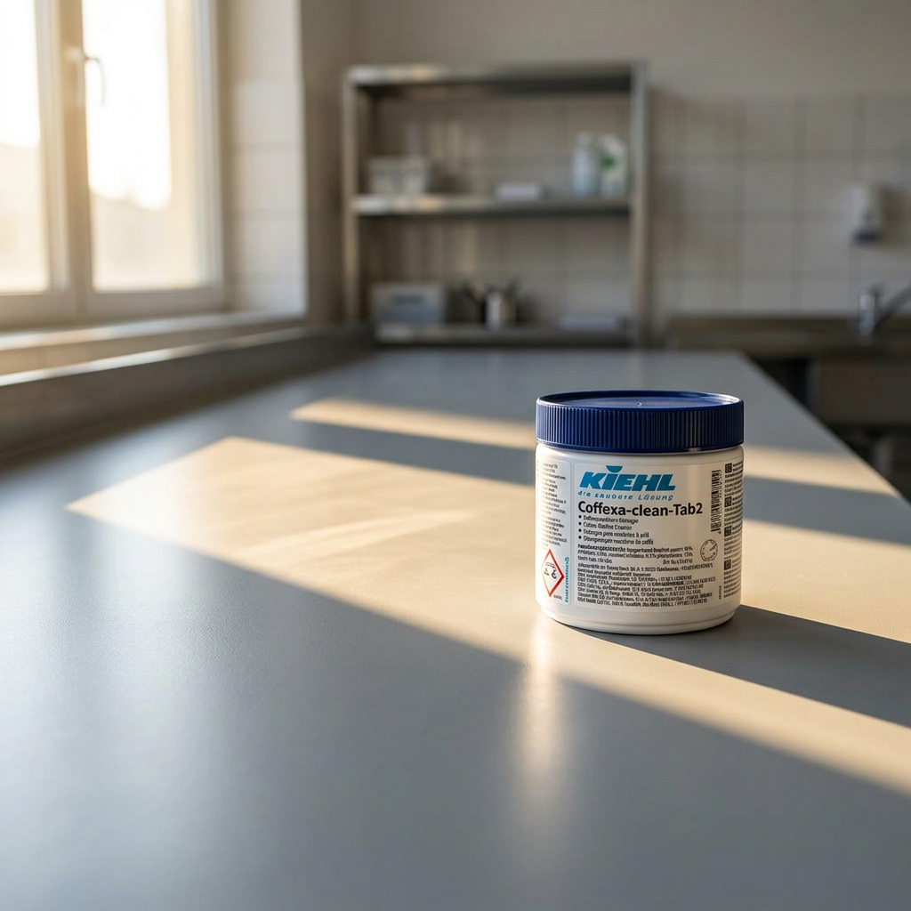 Kiehl rengøringstabletter i lukket dåse på sollyst arbejdsbord