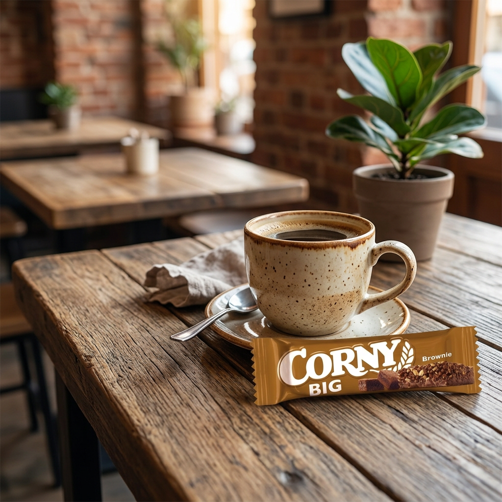 Corny Big Brownie ved kaffekop på cafébord