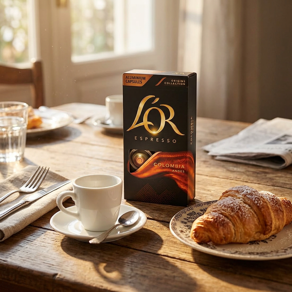 L’OR Colombia ved morgenbord med espressokop og croissant
