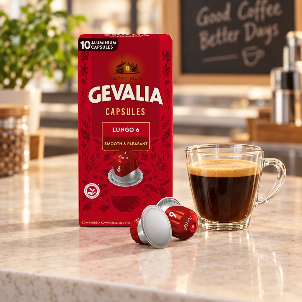 Gevalia Lungo 6 æske og aluminiumskapsler ved kaffekop på cafébord, stemningsbillede