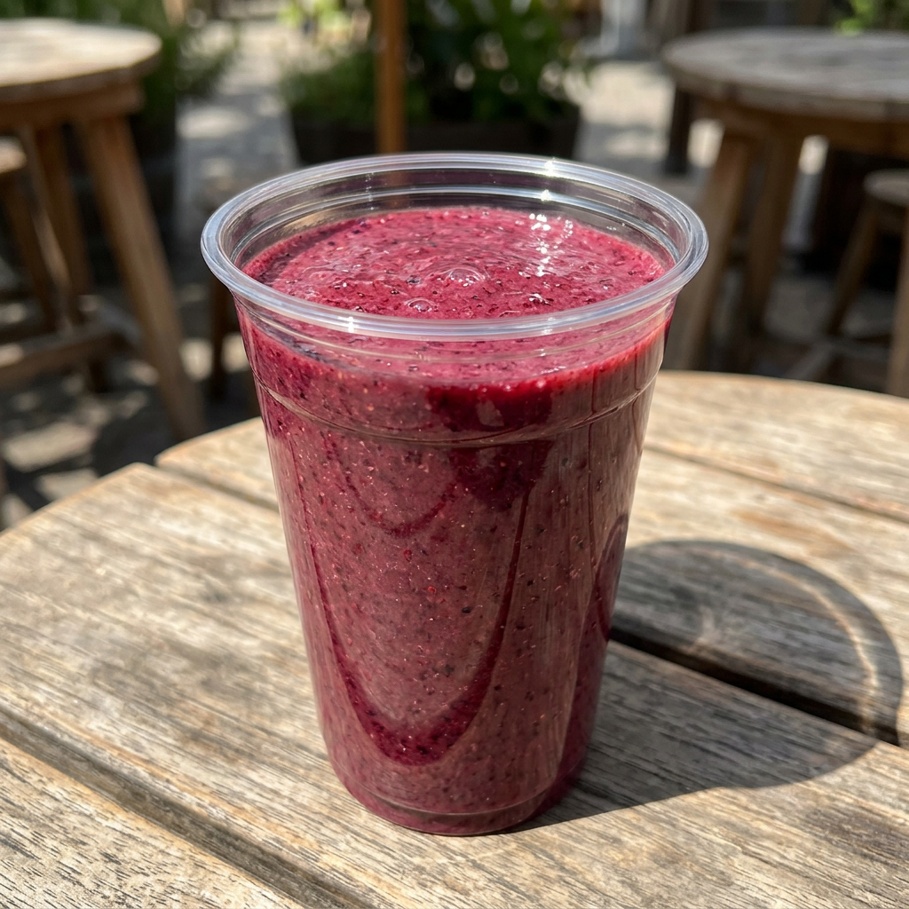 Klart bæger med bærsmoothie på et solbeskinnet cafébord