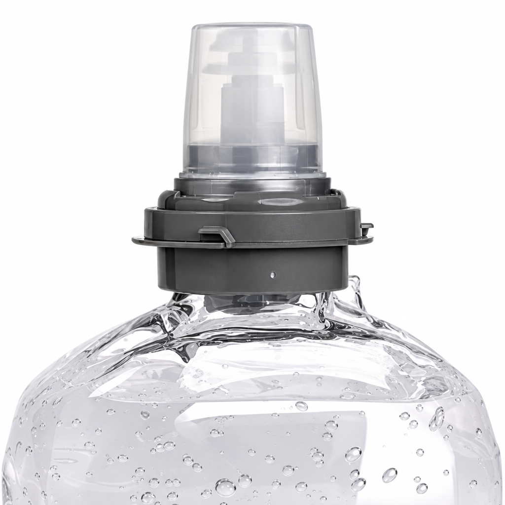Nærbillede af Purell TFX-refillens beskyttelseshætte, grå krave og flaskeskulder
