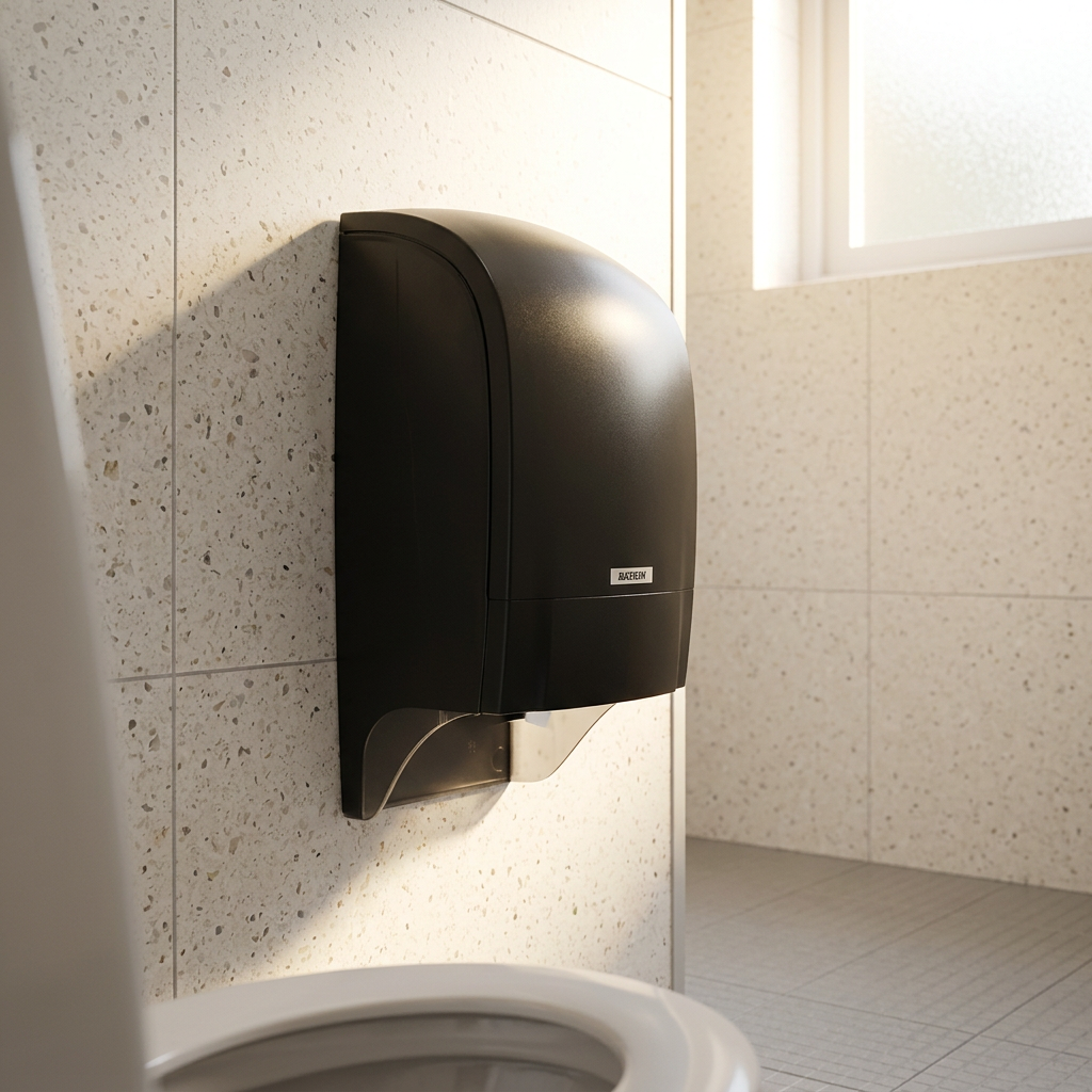 Sort Katrin-dispenser ved toilet i lyst flisebeklædt rum