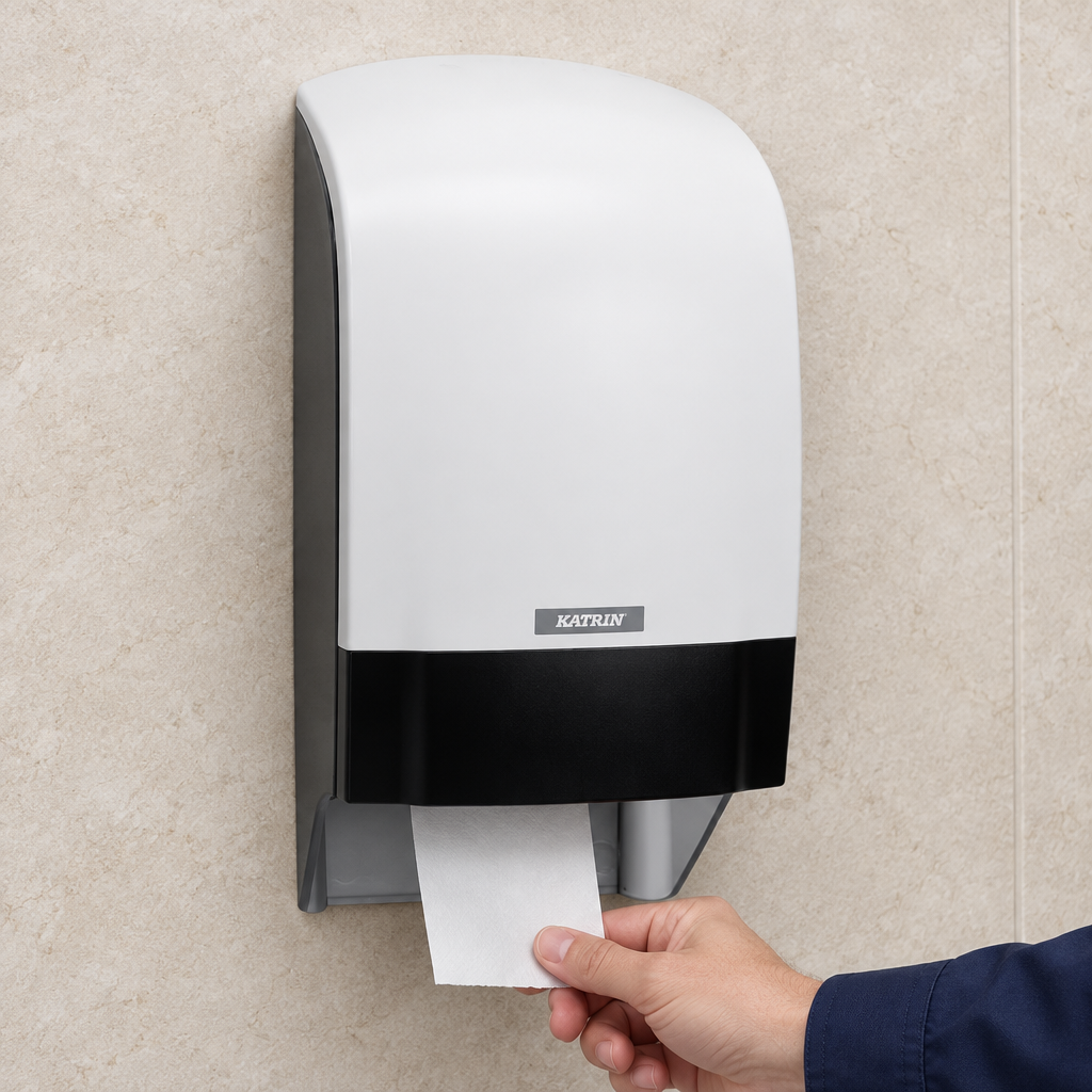 Person tager papir fra Katrin-toiletrulledispenser på lys stenvæg