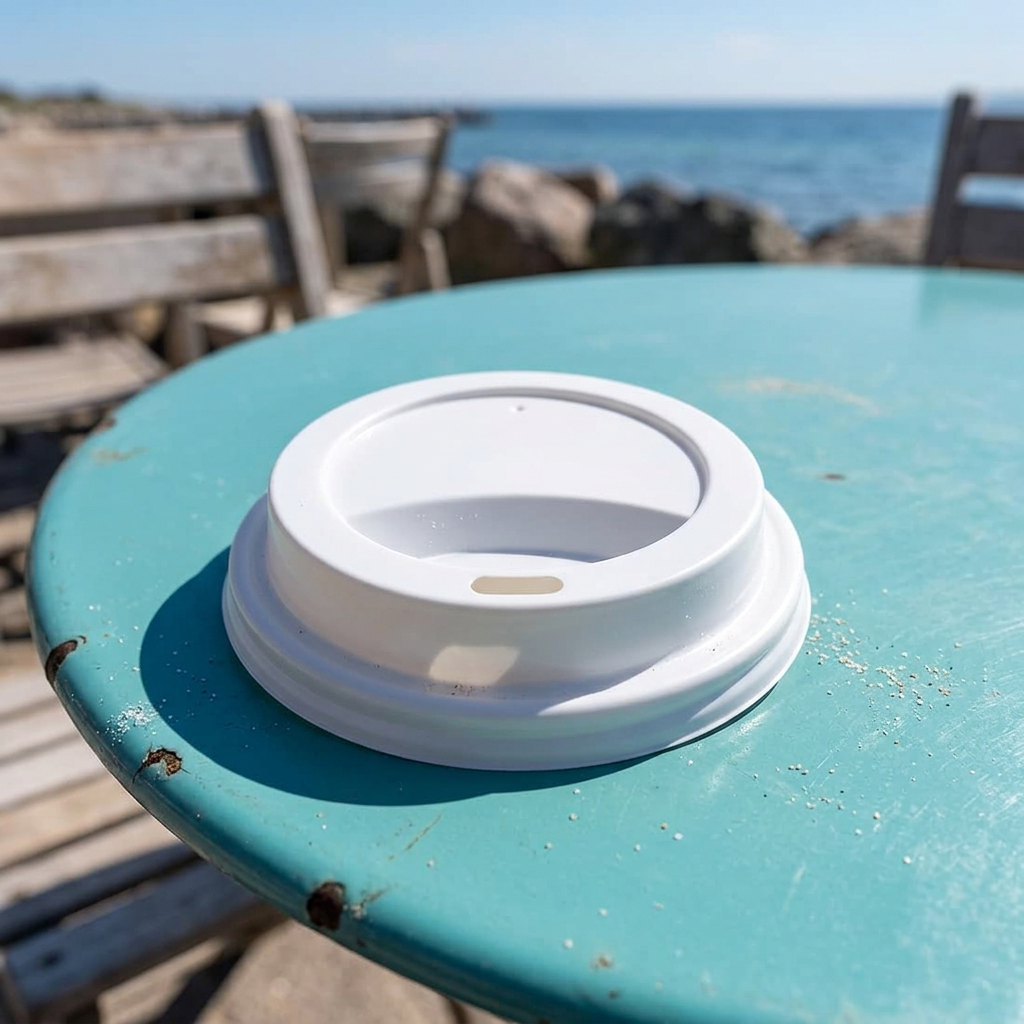Hvidt drikkelåg på turkis cafébord i solskin ved havet