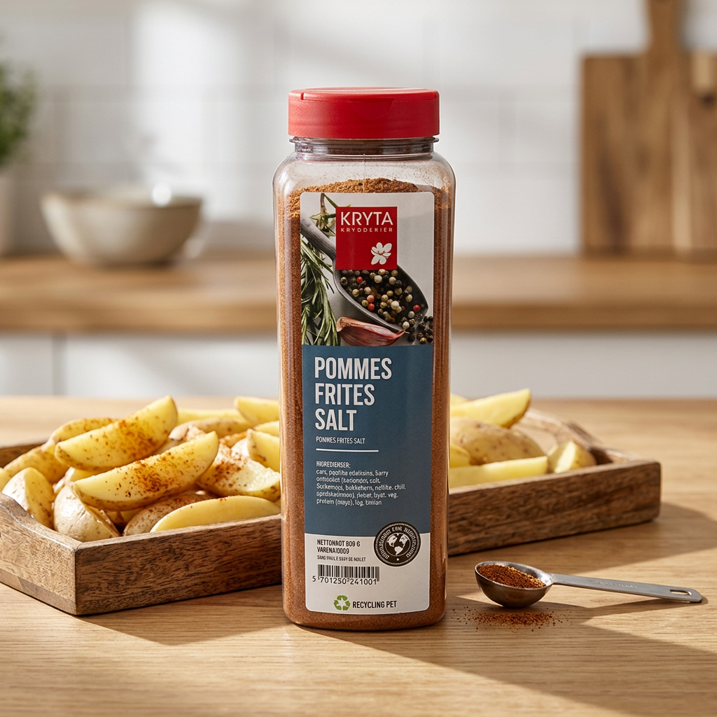 Kryta pommes frites-salt ved kartoffelbåde og en afmålt skefuld krydderi