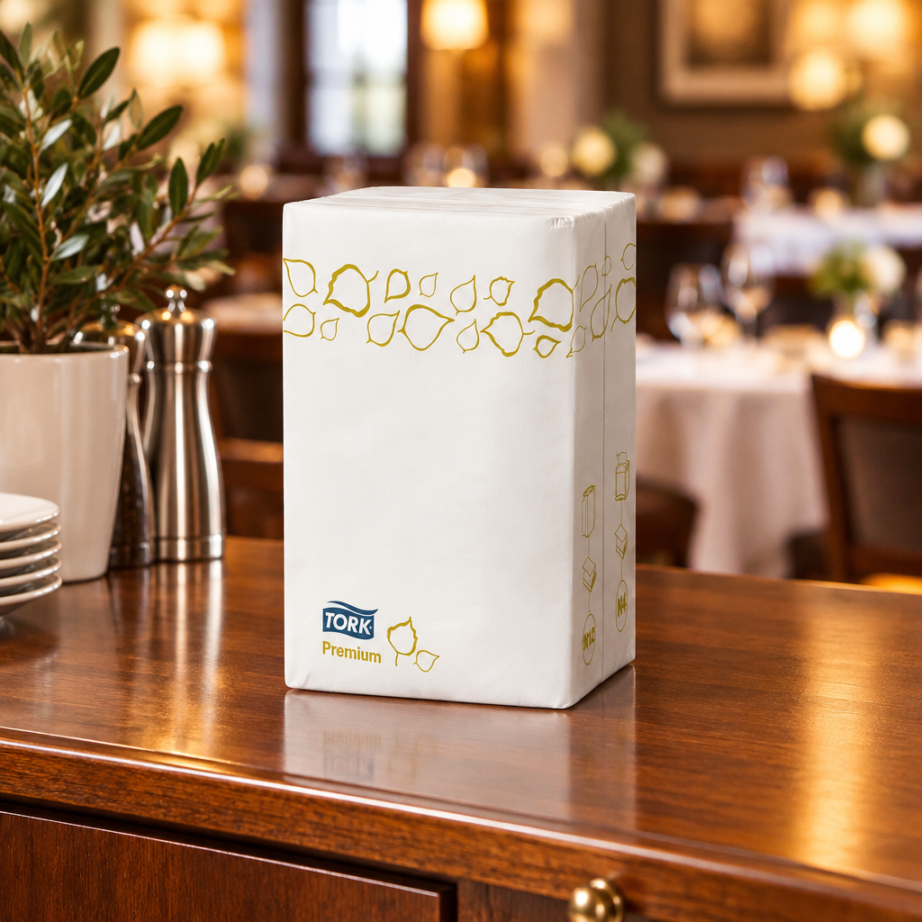 Tork Premium servietpakke på restaurantens servicebord, stemningsbillede