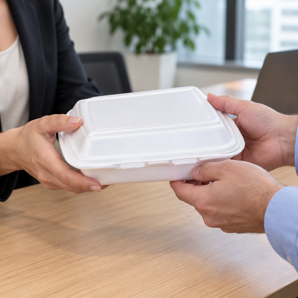 Lukket hvid termobakke overdrages ved et frokostbord