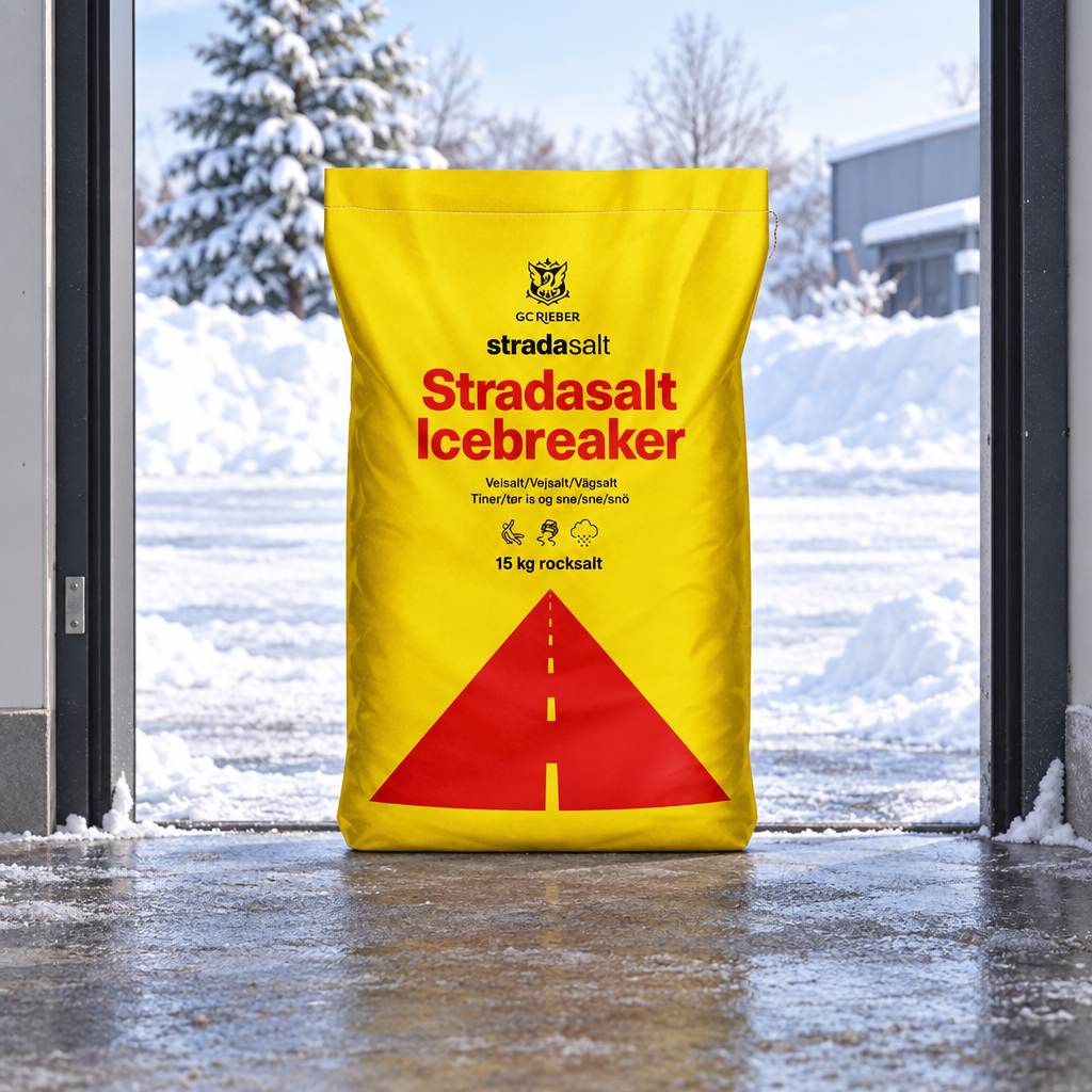 Stradasalt Icebreaker 15 kg sæk ved indgang med vinterlandskab i baggrunden