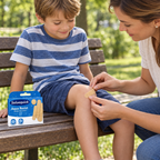 En voksen sætter Salvequick Aqua Resist plaster på et barns knæ