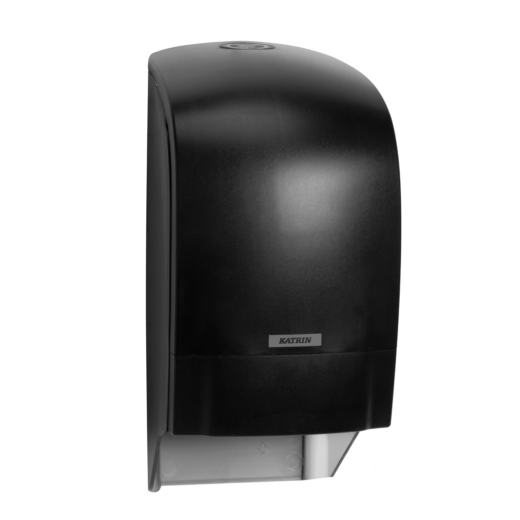 Sort Katrin System-toiletrulledispenser 104605 på hvid baggrund