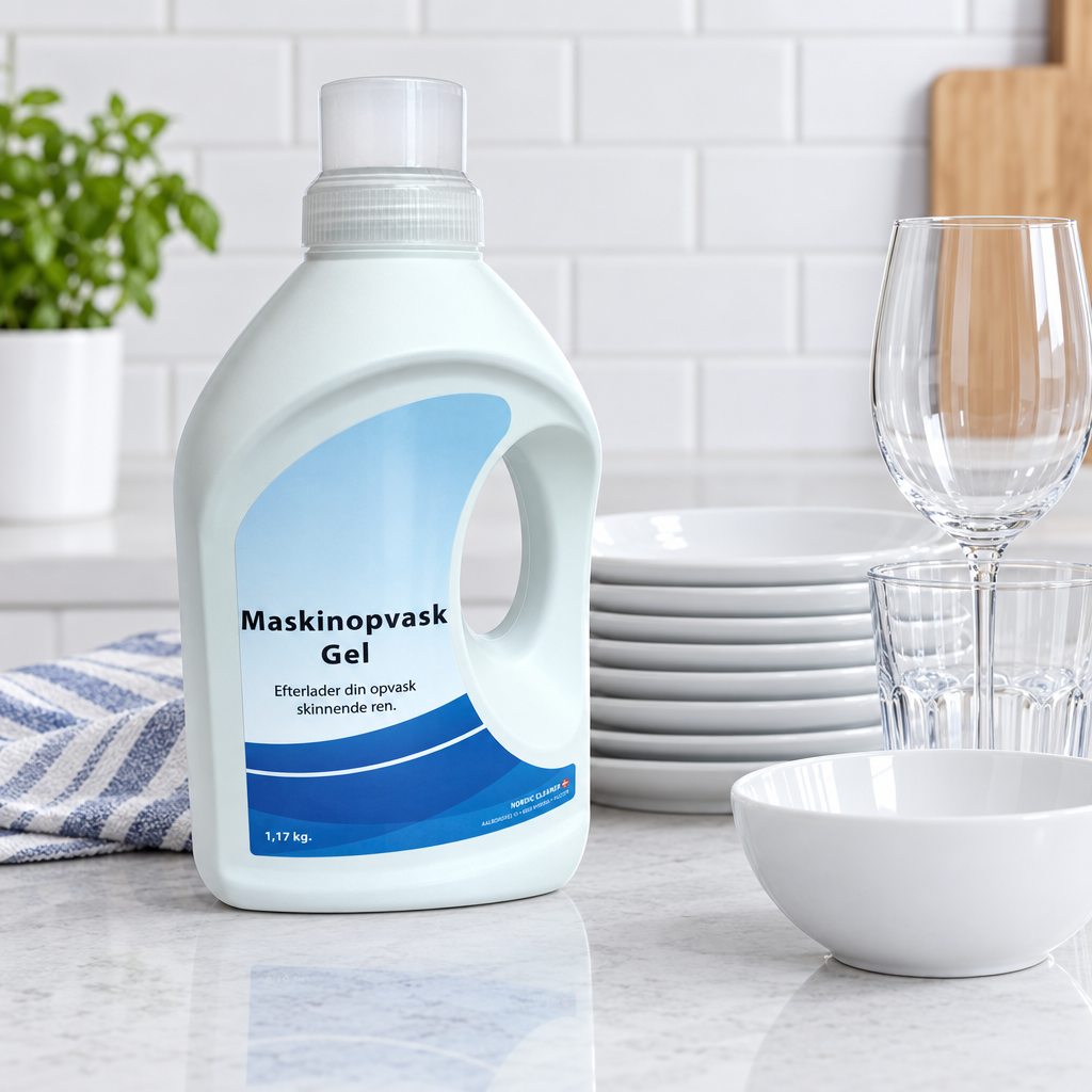 Maskinopvask gel ved tallerkener og glas på køkkenbord