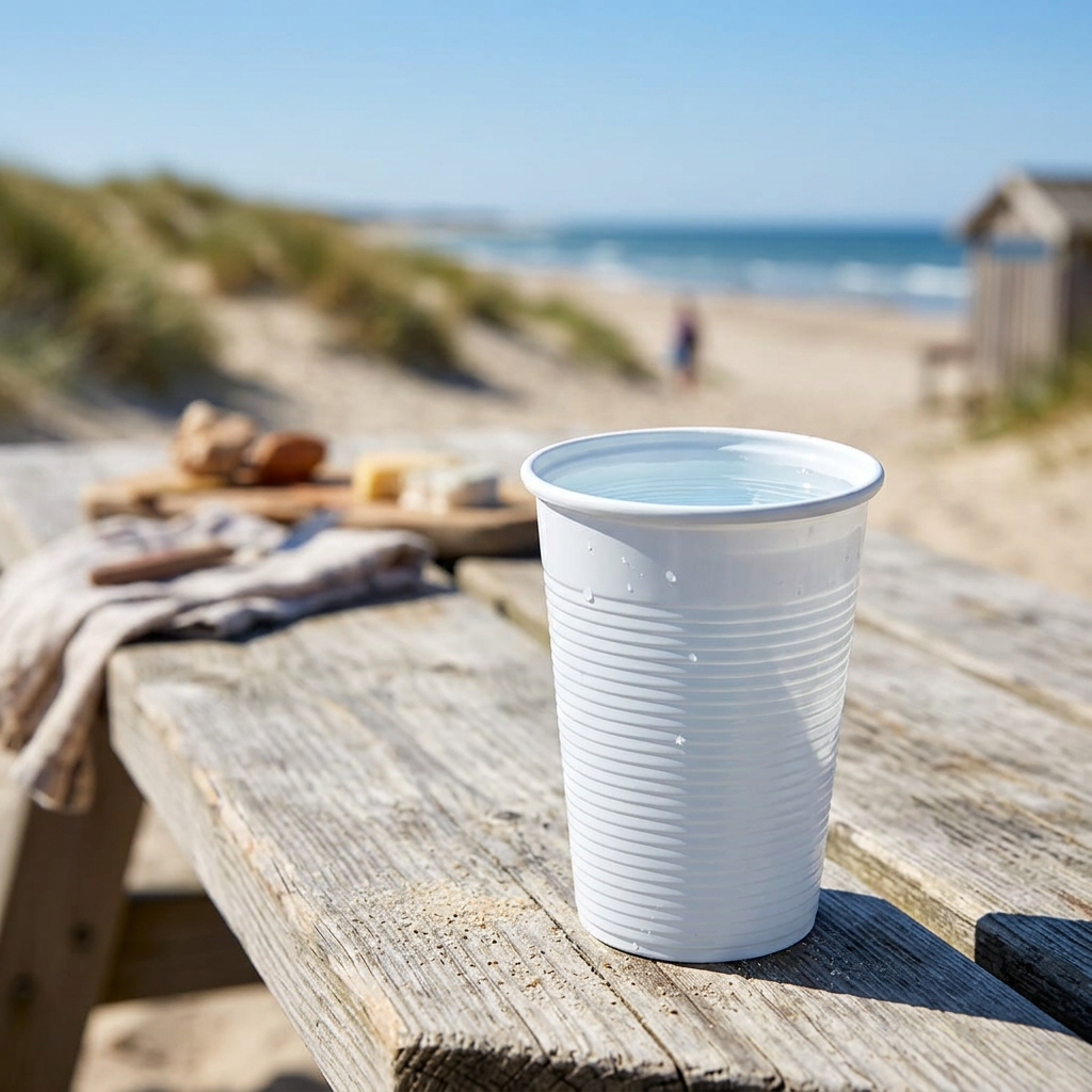 Hvidt drikkebæger med vand på solrigt strandbord