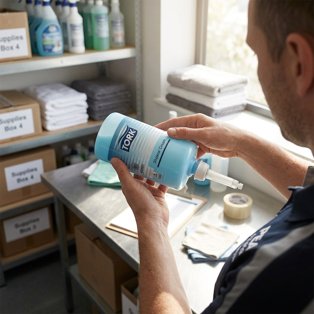 Medarbejder klargør Tork S1 Shower Cream-refill ved servicebord