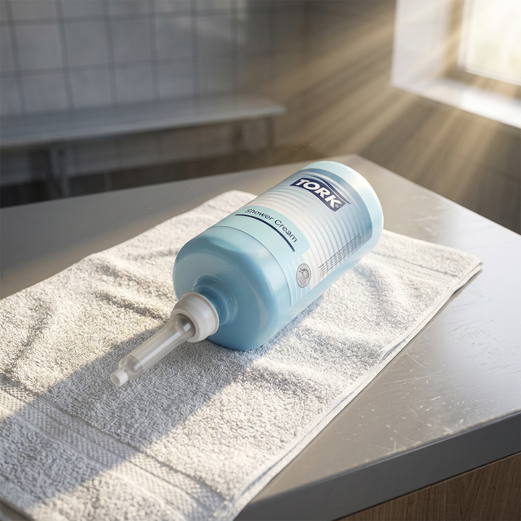 Tork S1 Shower Cream 420601 på håndklæde ved solbelyst servicebord