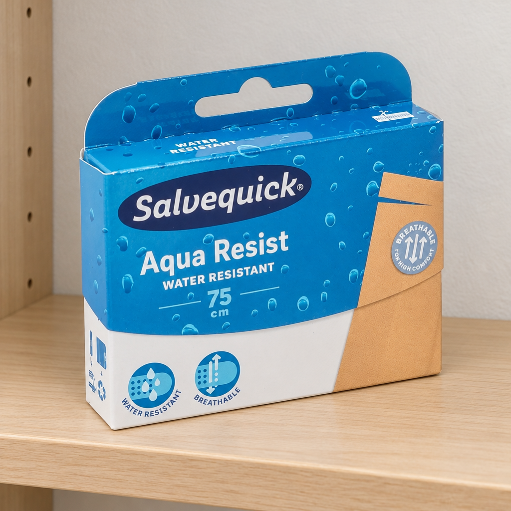 Salvequick Aqua Resist plaster på rulle, 75 cm, på lys hylde