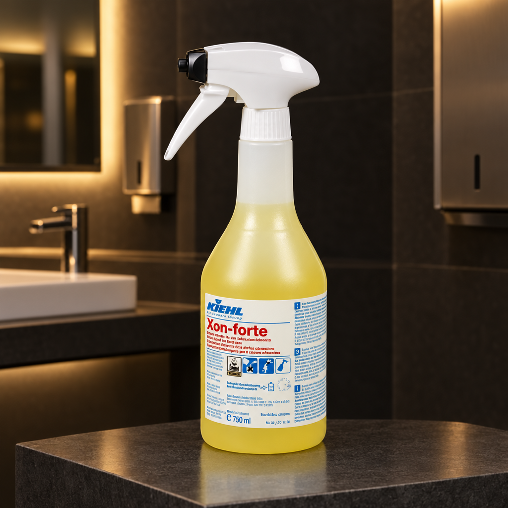 Kiehl Xon-forte 750 ml på mørk sokkel i varmt belyst rengøringsrum