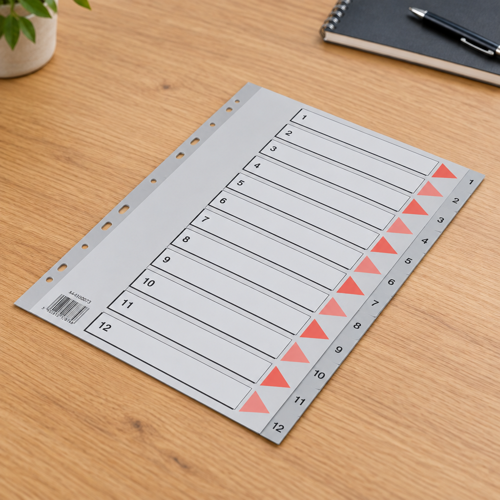 Stemningsillustration af gråt Q-line A4-register med faner 1–12 på kontorbord