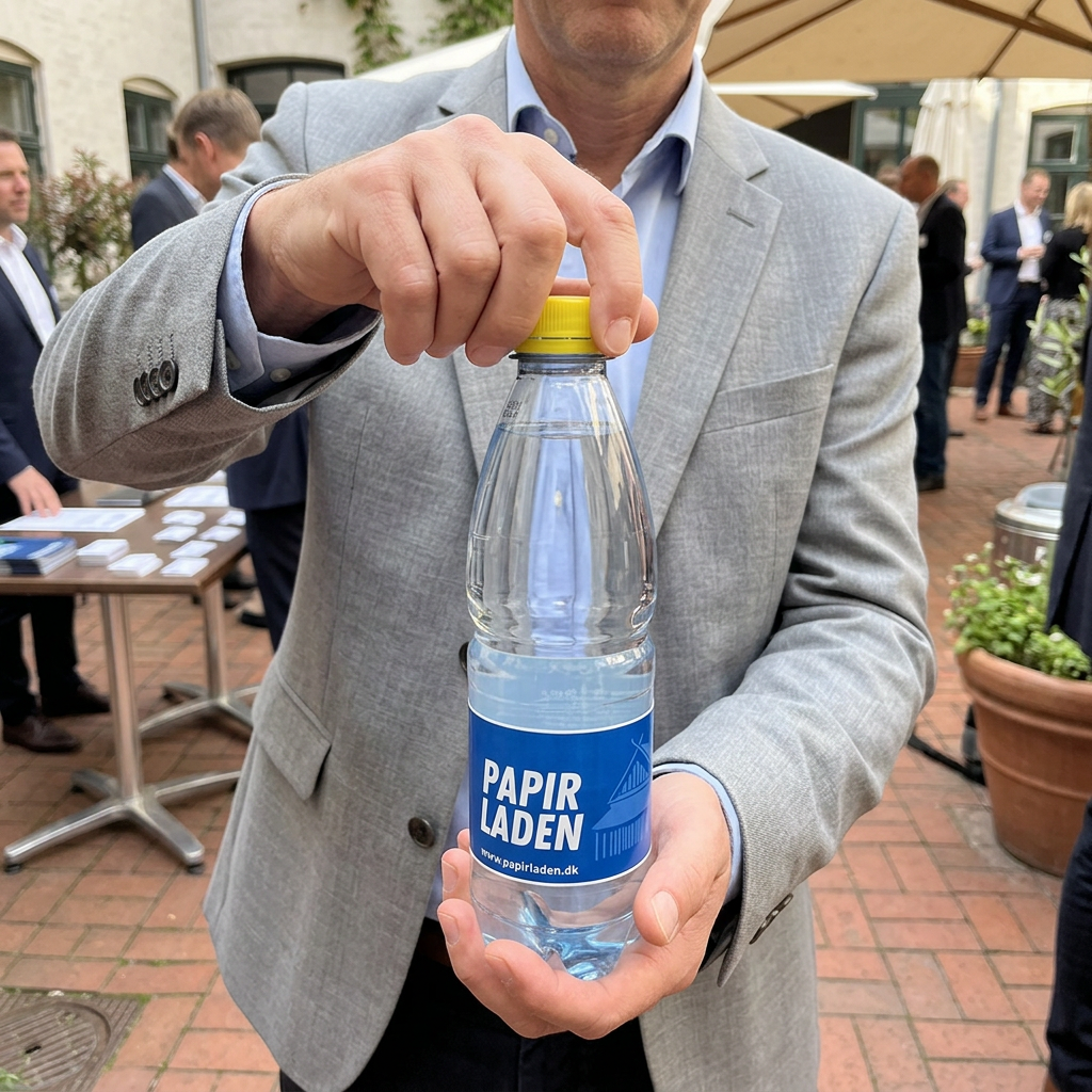 Gult låg drejes på en håndholdt 0,5-liters logovandsflaske ved et udendørs arrangement
