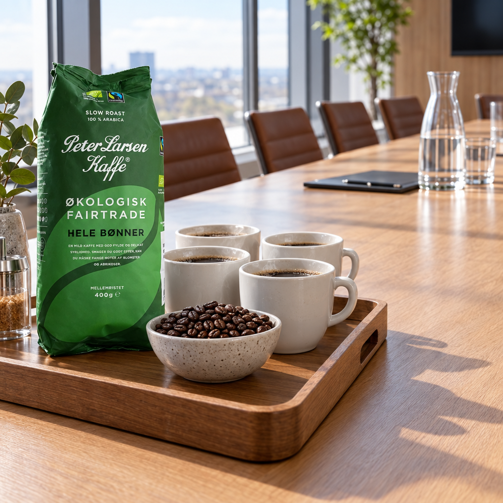 Peter Larsen økologisk Fairtrade-kaffe 400 g ved kaffekopper på bakke i mødelokale, stemningsbillede