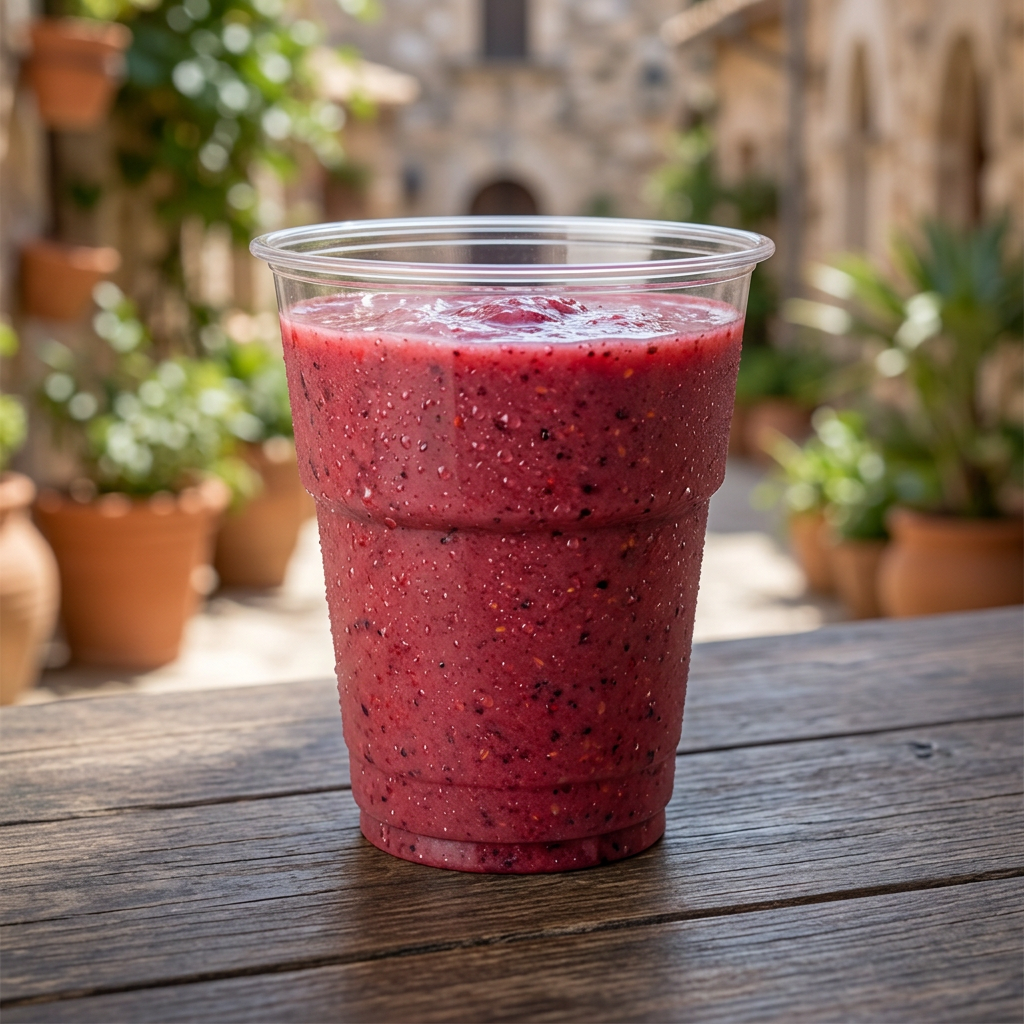 Bærsmoothie i klart plastglas på et bord