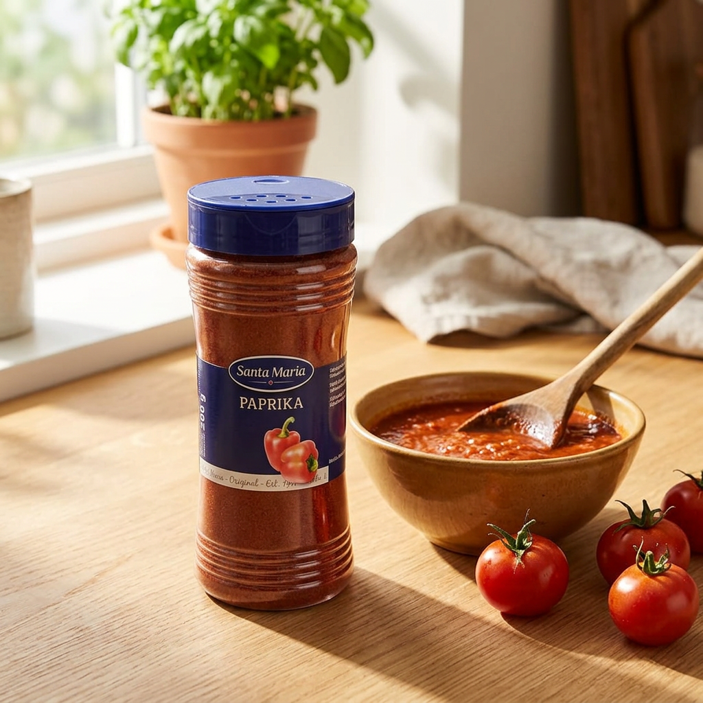 Paprika Santa Maria ved tomatsauce på et solbeskinnet køkkenbord