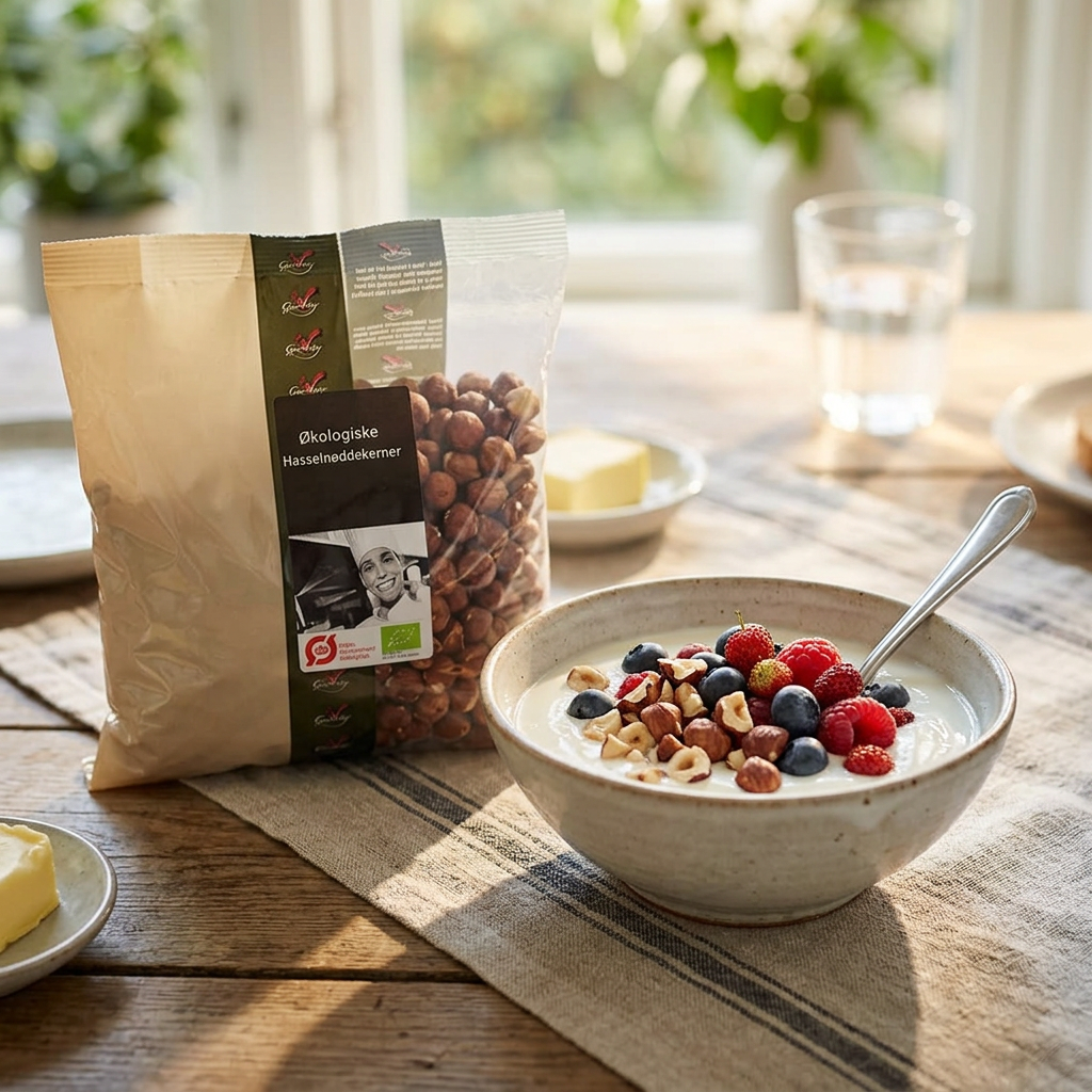 Hasselnøddekerner ved morgenmadsskål med yoghurt og bær i solskin