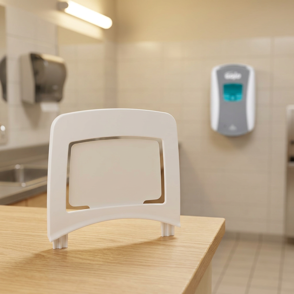 Hvid skiltramme 1091-WHT i servicerum med GOJO-dispenser i baggrunden