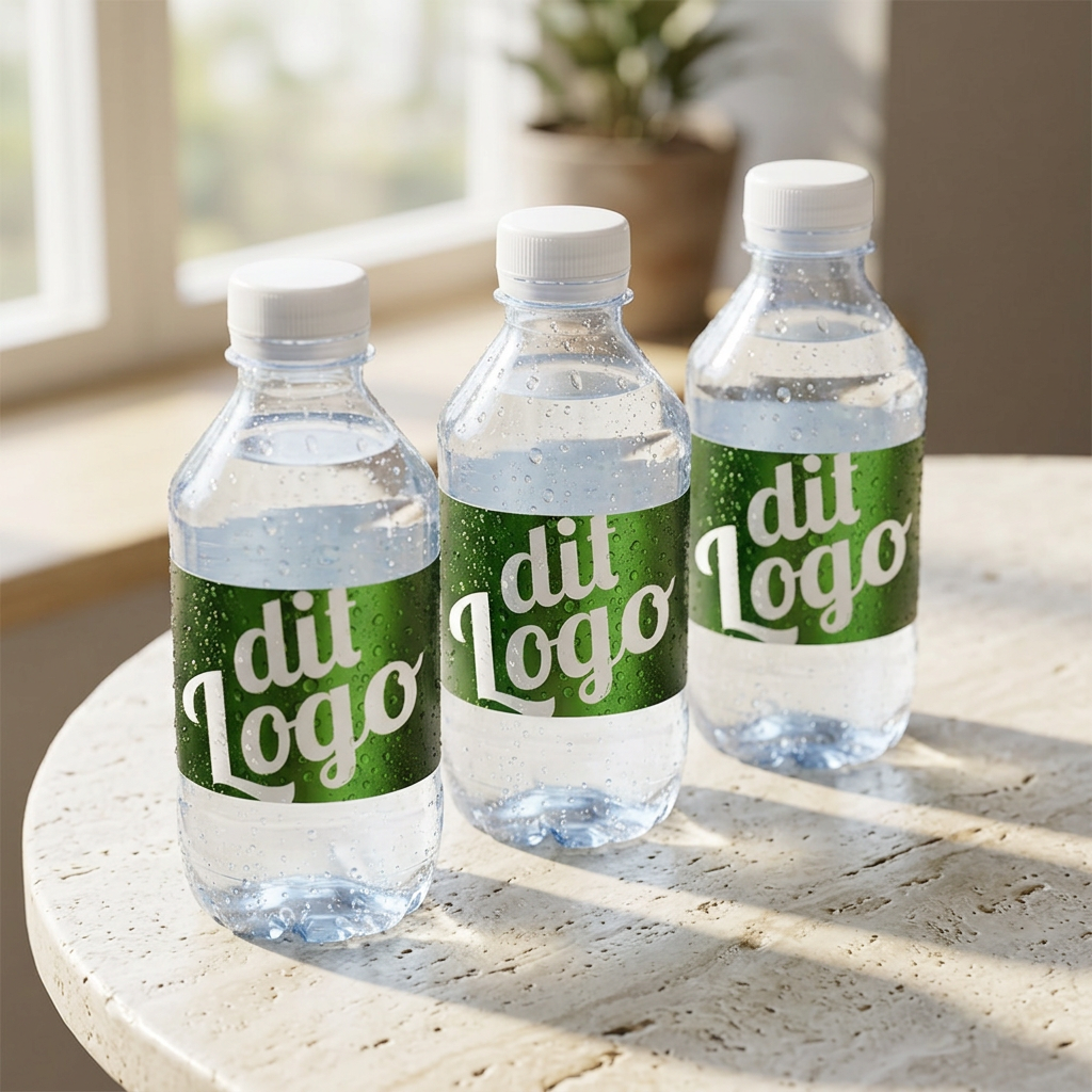 Tre logovandsflasker med grøn dit Logo-eksempeletiket på lyst stenbord