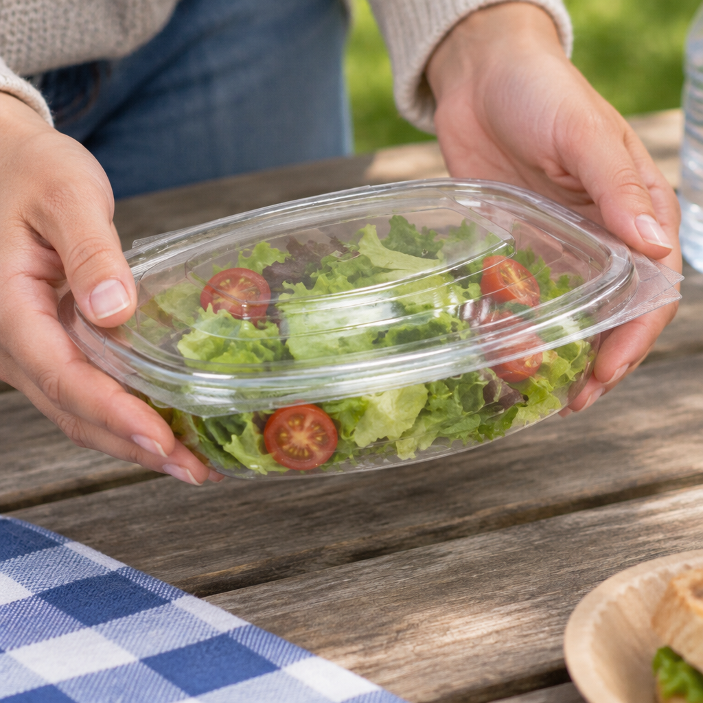 Brugssituation: oval salatbakke med låg bæres til et picnicbord