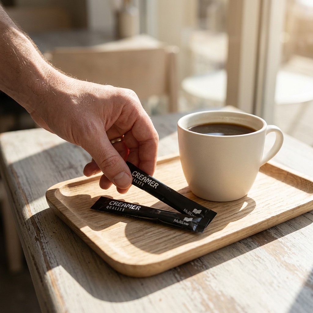 Medarbejder lægger Quality flødepulversticks ved en kaffekop i sollys; kop og bakke medfølger ikke