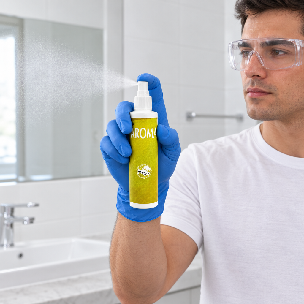 AROMA citronduftspray i brug med handsker og øjenbeskyttelse