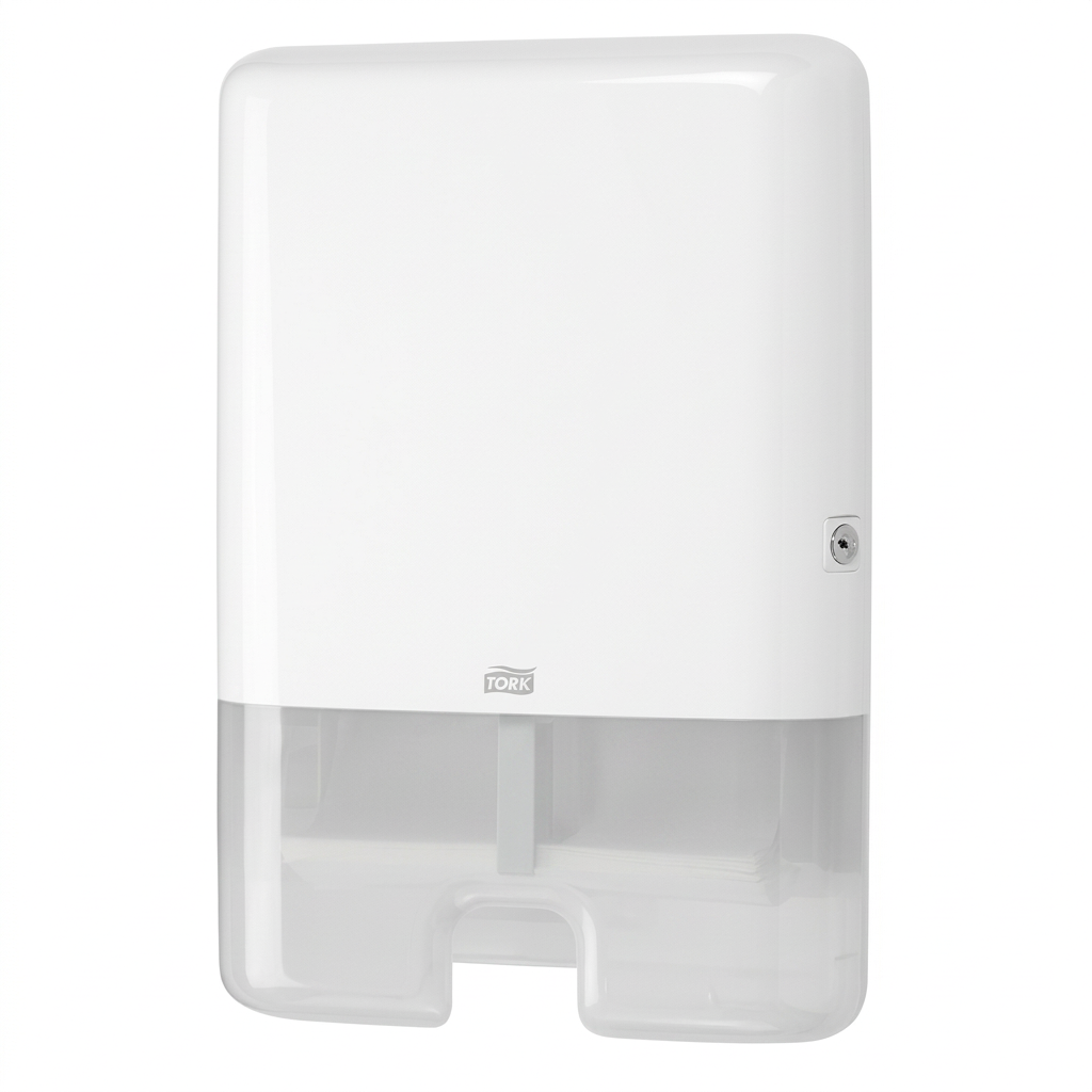 Hvid Tork Xpress H2-dispenser med transparent underdel på hvid baggrund