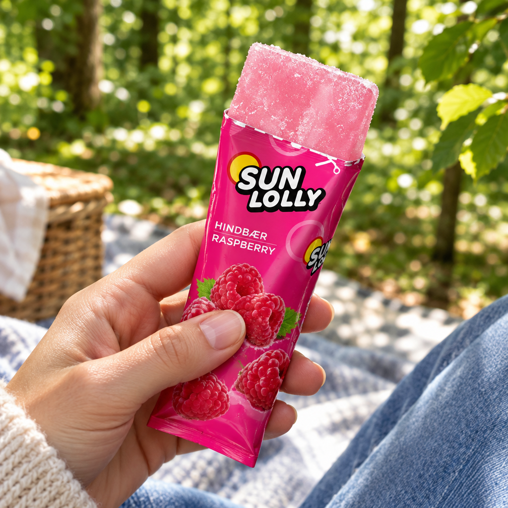 Åbnet lyserød Sun Lolly Hindbær-is i voksenhånd ved skovpause