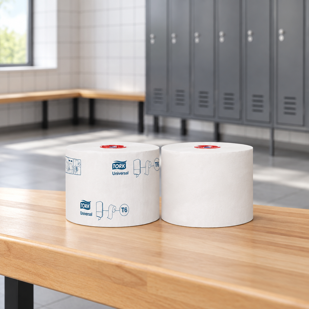 Tork Universal T6-toiletpapirruller på tør bænk i sportshallens omklædningsområde