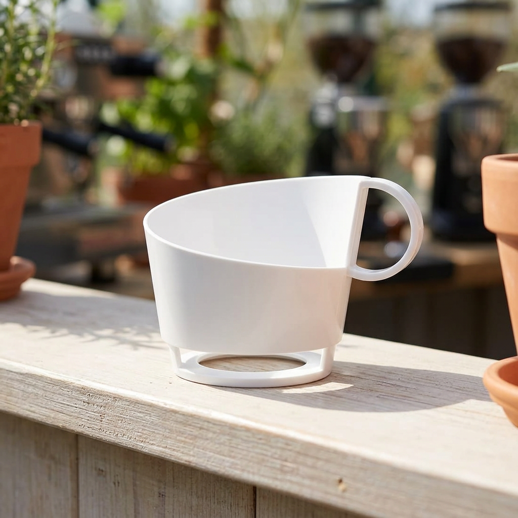 Hvid kopholder med hank i solrig drivhuscafé, stemningsbillede