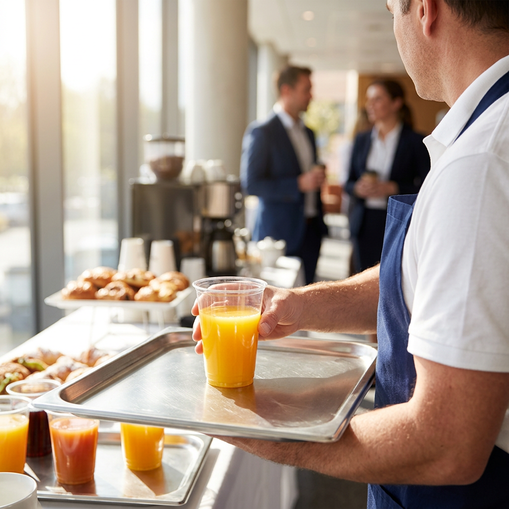 Servering af juice i klare plastglas ved et arrangement
