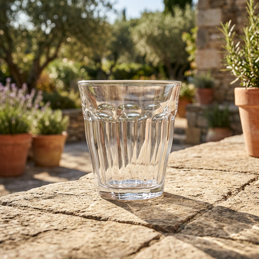 Duralex Picardie caféglas 13 cl på terrasse i solskin